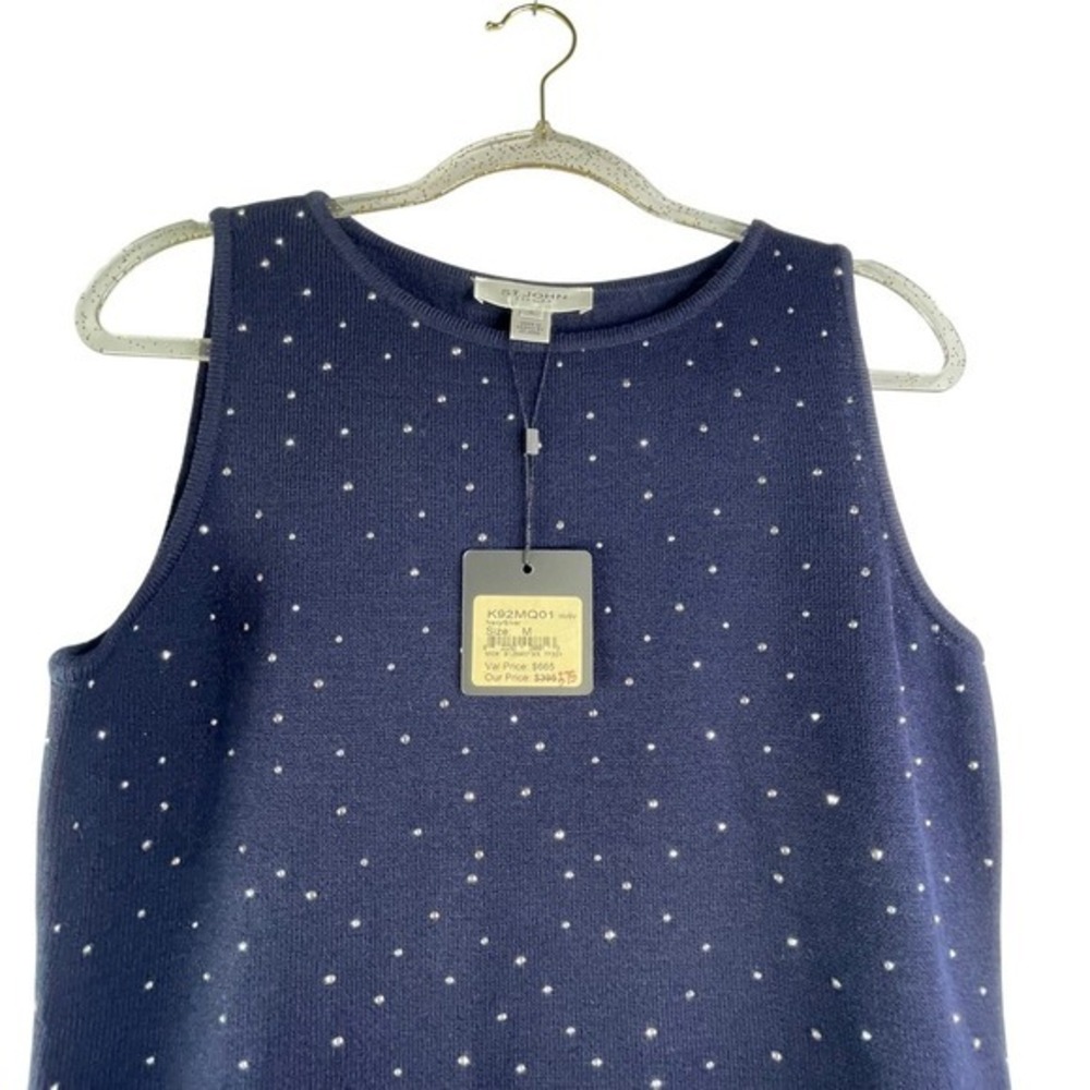 St. John Wool Blend Knit Shell Navy Silver Rhinestone Evening Top Quiet Luxury M - Picture 10 of 11